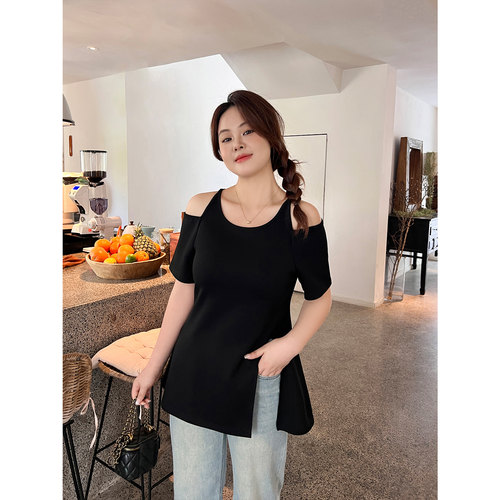 大码百分百女装夏季微胖mm【一字肩T恤】设计感开叉性感露肩上衣