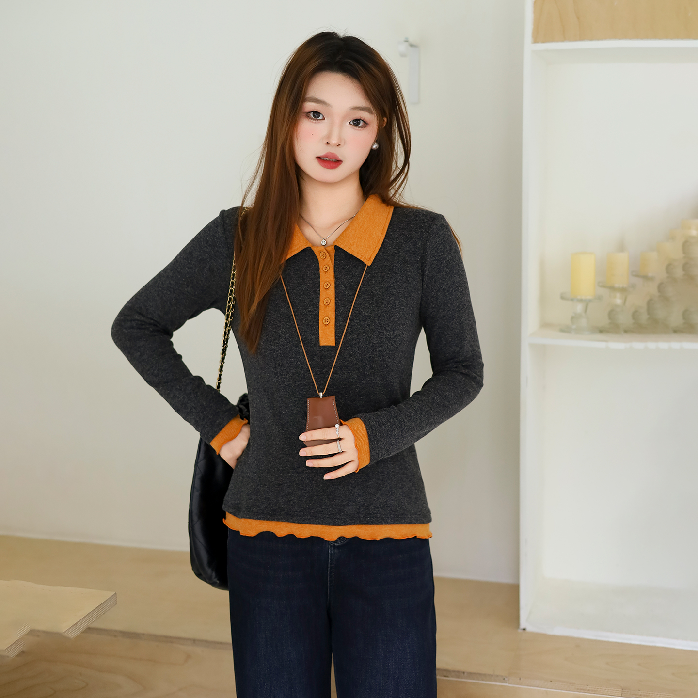 大码百分百女装微胖mm冬季撞色翻领正肩显瘦波边针织打底T恤