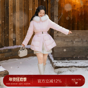 大码百分百女装微胖mm冬季大毛领连帽可收腰显瘦短款羽绒服外套