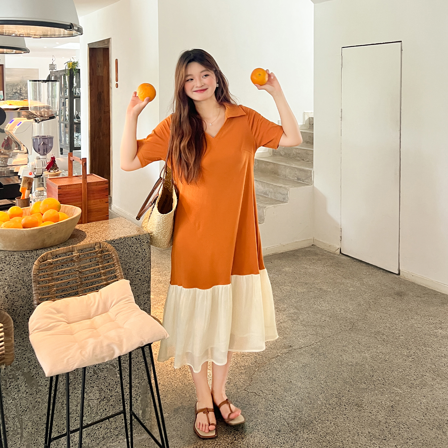 大码百分百女装夏季胖mm简约大方百搭正肩撞色拼接连衣裙过膝长裙