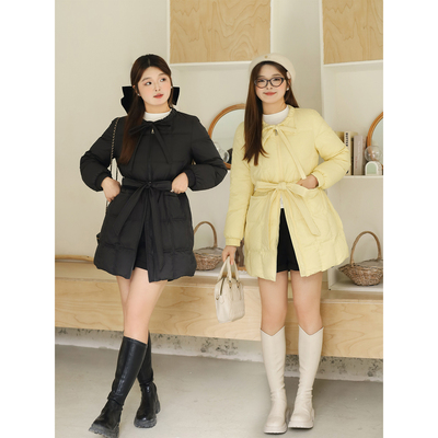 大码百分百女微胖mm冬季设计感系带豆腐格中长款羽绒服外套