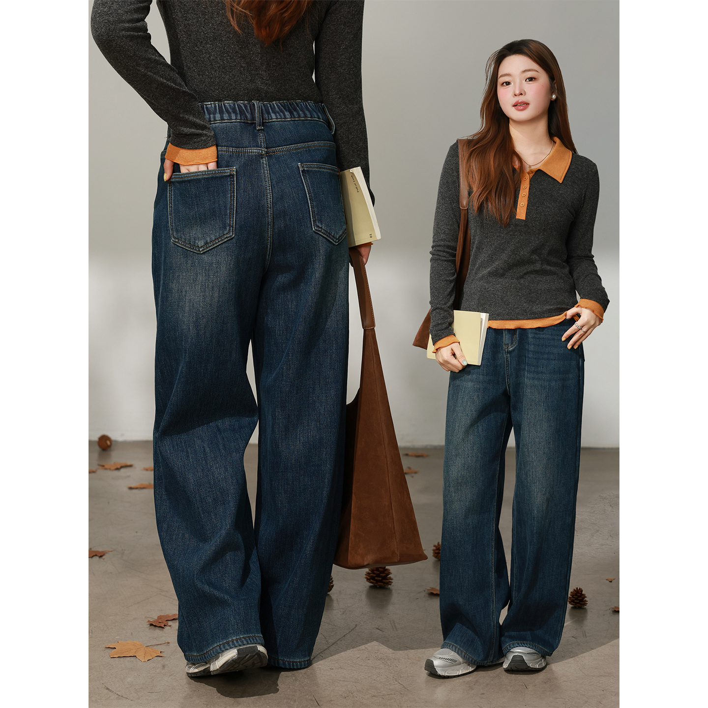 大码百分百女装微胖mm冬季时尚百搭加绒加厚阔腿弯刀牛仔裤