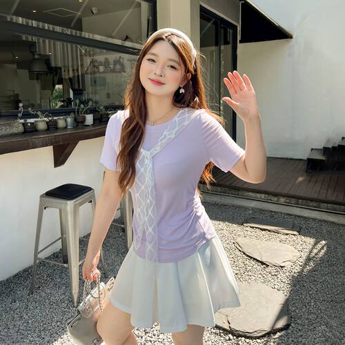 大码百分百女装胖mm蕾丝边飘带假两件上衣夏季新款短袖圆领T恤