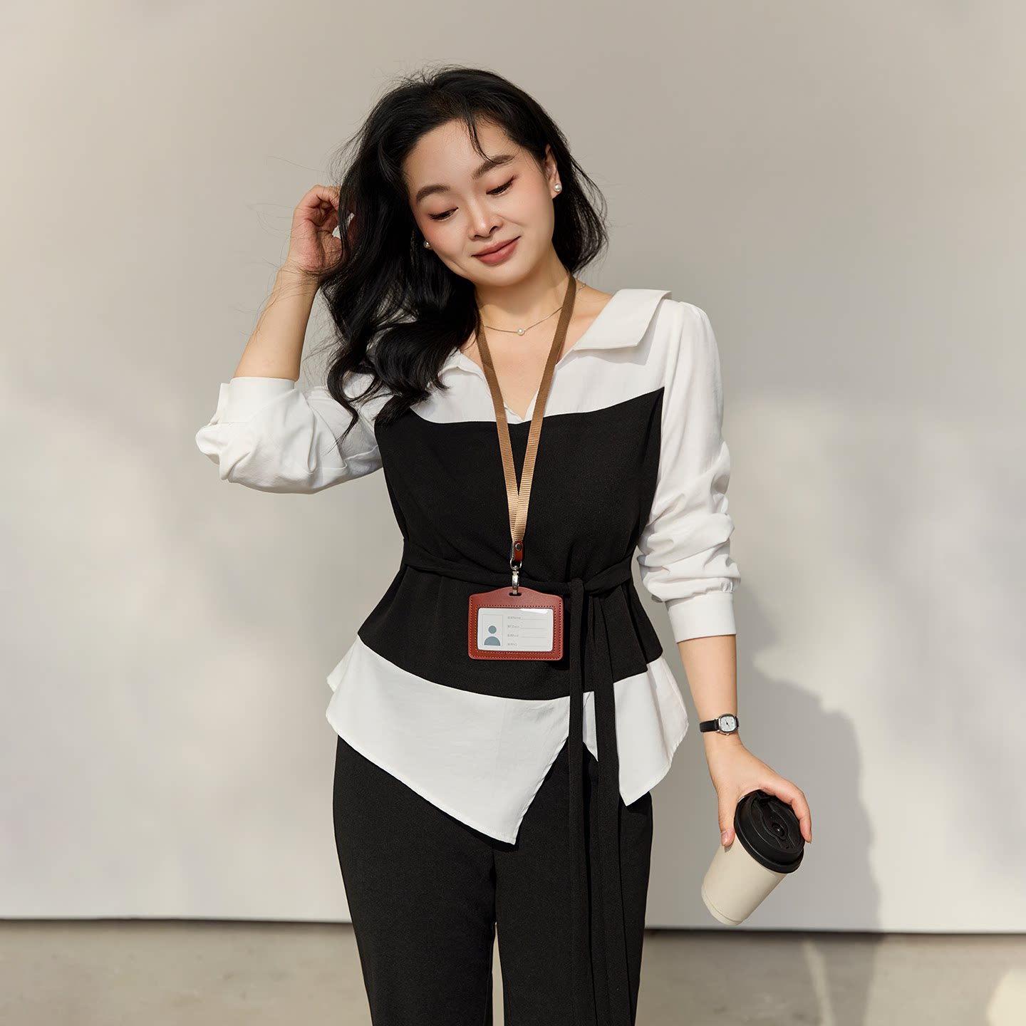 大码百分百女装微胖mm春季韩系撞色假两件绑带V领显瘦衬衫