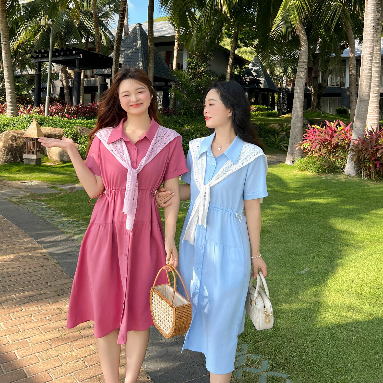 大码百分百女装夏季微胖mm透气棉麻衬衫裙百搭撞色披肩连衣裙长裙