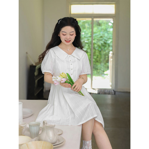 大码百分百女装夏微胖mm【甜美风套装】正肩减龄娃娃领连衣裙短裤