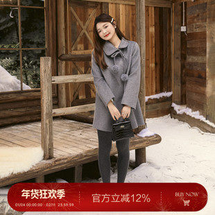 大码百分百女装微胖mm冬季毛球系带翻领正肩中长款毛呢外套