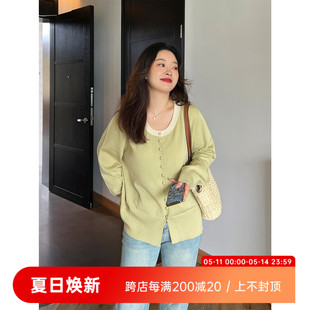 女装 大码 新款 百分百2024春季 微胖mm显瘦打底圆领撞色简约针织开衫