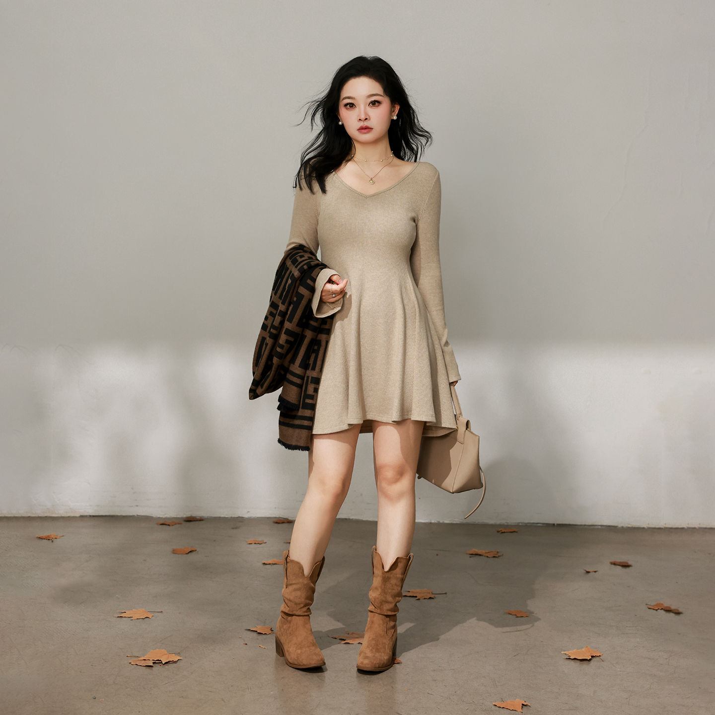 大码百分百女装微胖mm冬季正肩喇叭袖仿羊绒针织打底连衣裙