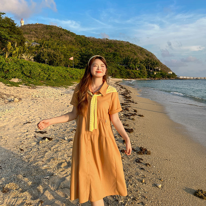 【特价】大码百分百女装夏胖mm透气棉麻衬衫裙百搭撞色披肩连衣裙