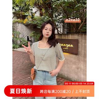 大码百分百2024新款女装微胖mm显瘦打底上衣方领条纹针织短袖T恤