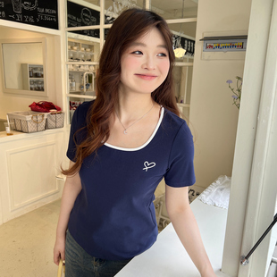 百分百女装 新款 大码 夏季 T恤 胖mm显瘦正肩修身 撞色方领短袖