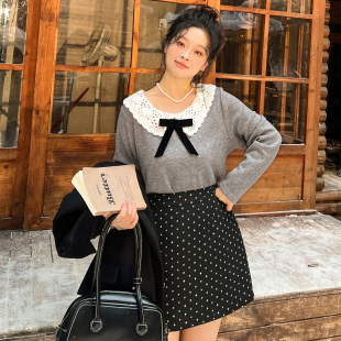慵懶毛衣蝴蝶結撞色娃娃領針織衫 大碼 百分百微胖mm女裝 冬季
