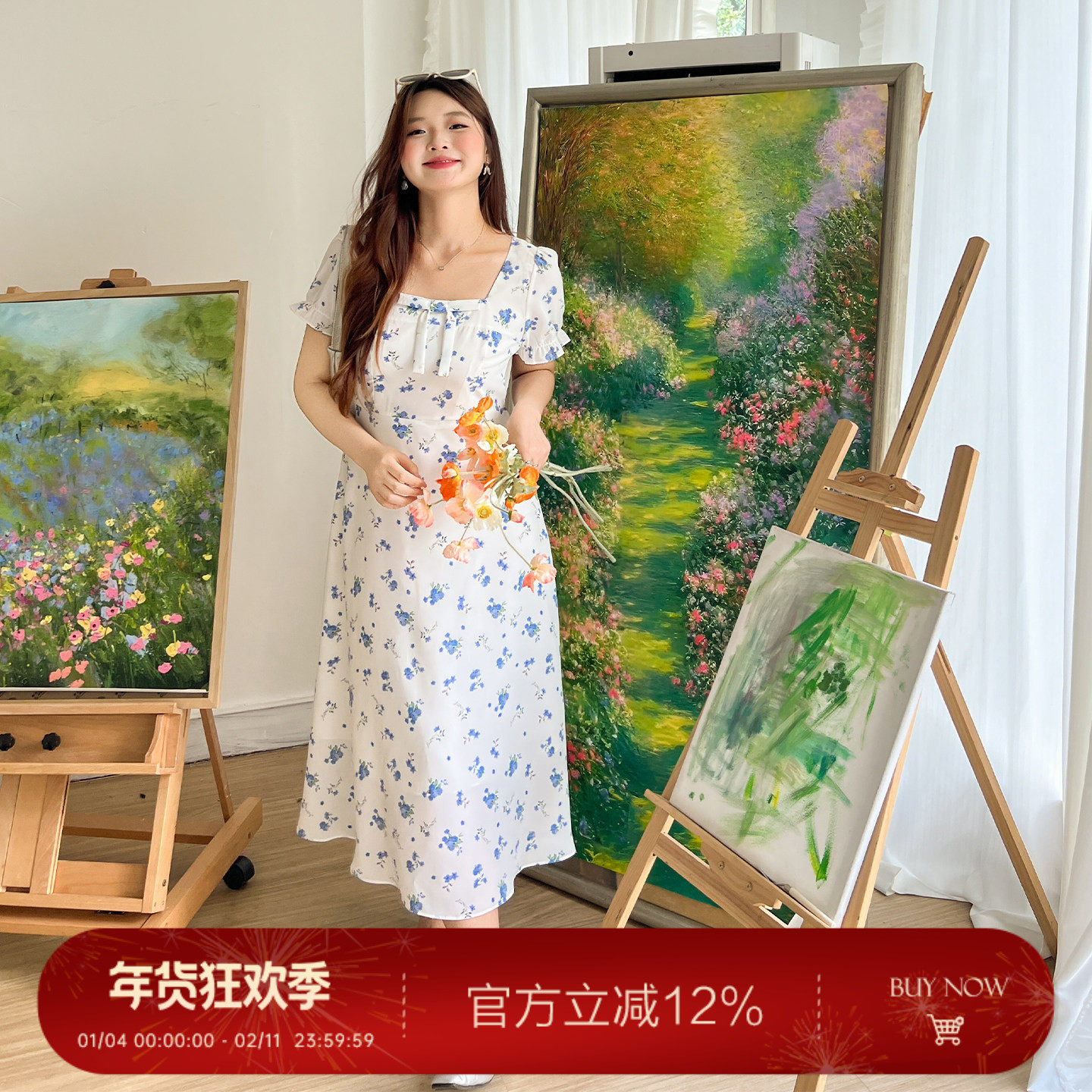 大码百分百女装夏季胖mm甜美清新蓝色碎花蝴蝶结长款连衣裙长裙子,女装/女士精品,大码连衣裙,淘宝优惠券,粉丝福利购,淘宝优惠卷