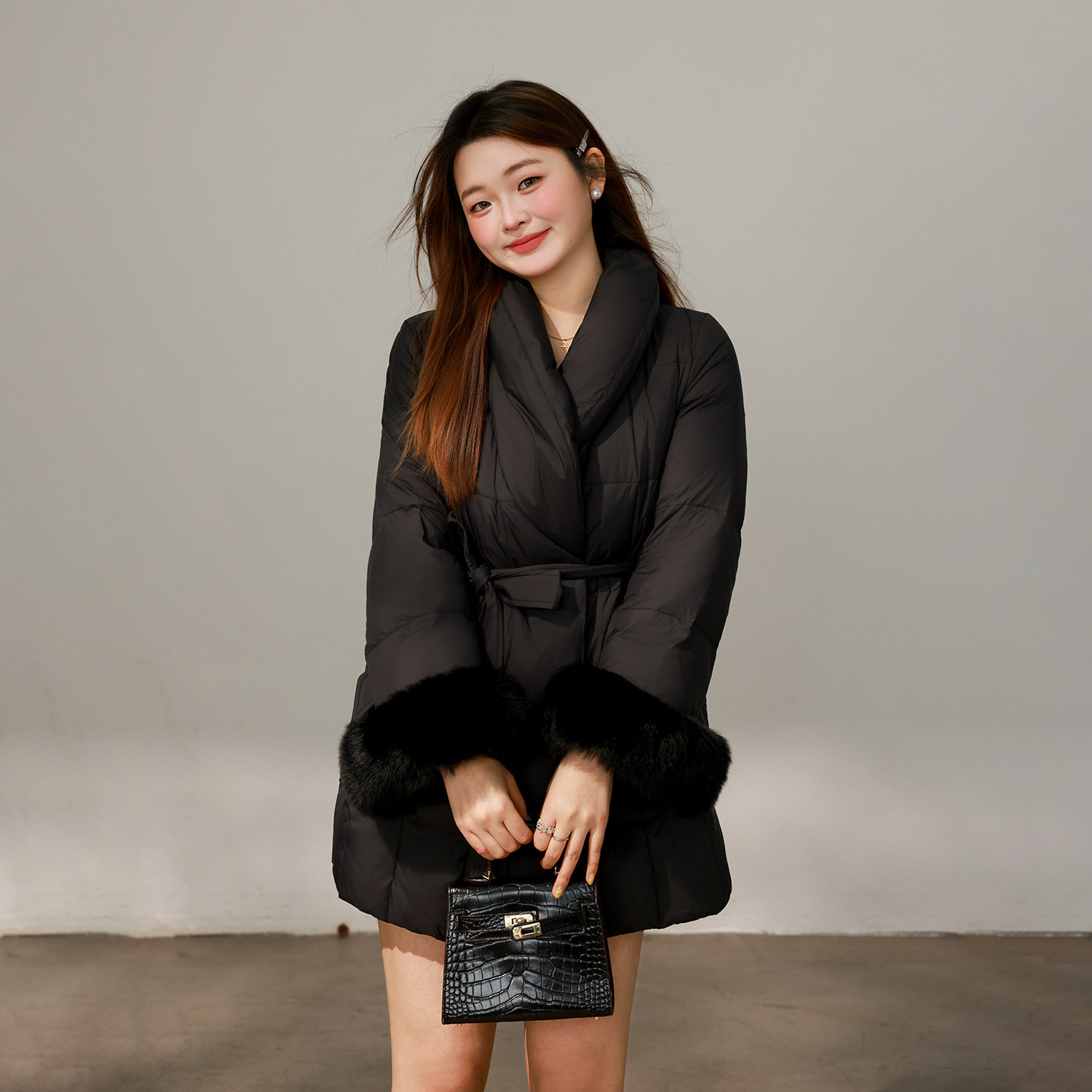 大码百分百女装微胖mm冬季青果领狐狸毛收腰中长羽绒服外套