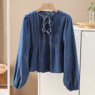 2026春季 系带捏褶宽松小个子牛仔衬衫 小众别致不撞款 设计师款