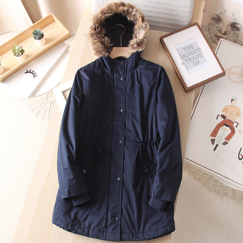 抽绳收腰中长款派克服棉衣