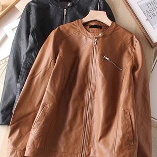 2025秋新品 女夹克外套上衣 显瘦复古防风圆领机车拉链休闲PU皮衣