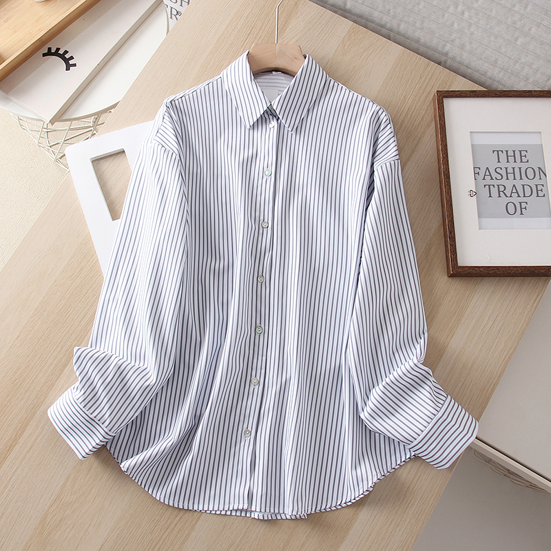 简约感宽松条纹长袖翻领休闲衬衫