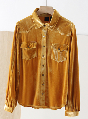 2025春新品 时尚百搭南瓜黄色天鹅绒丝绒翻领开衫纽扣 女衬衫上衣