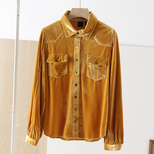 女衬衫 2025春新品 纽扣 百搭南瓜黄色天鹅绒丝绒翻领开衫 上衣 时尚