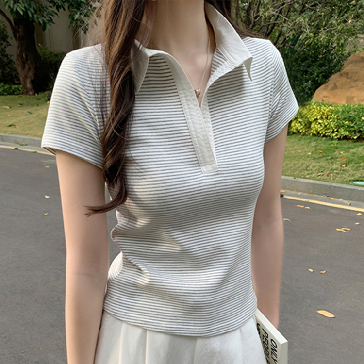 韩系撞色条纹POLO领短袖T恤女夏季新款复古修身显瘦翻领体恤上衣