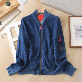 2025秋新品 女牛仔蓝夹克外套 棉针织牛仔水洗柔软休闲拉链飞行服