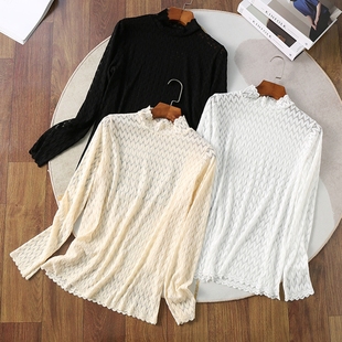 柔美又矜贵！波浪领微透提花百搭上衣打底衫女新款内搭纱衣蕾丝衫