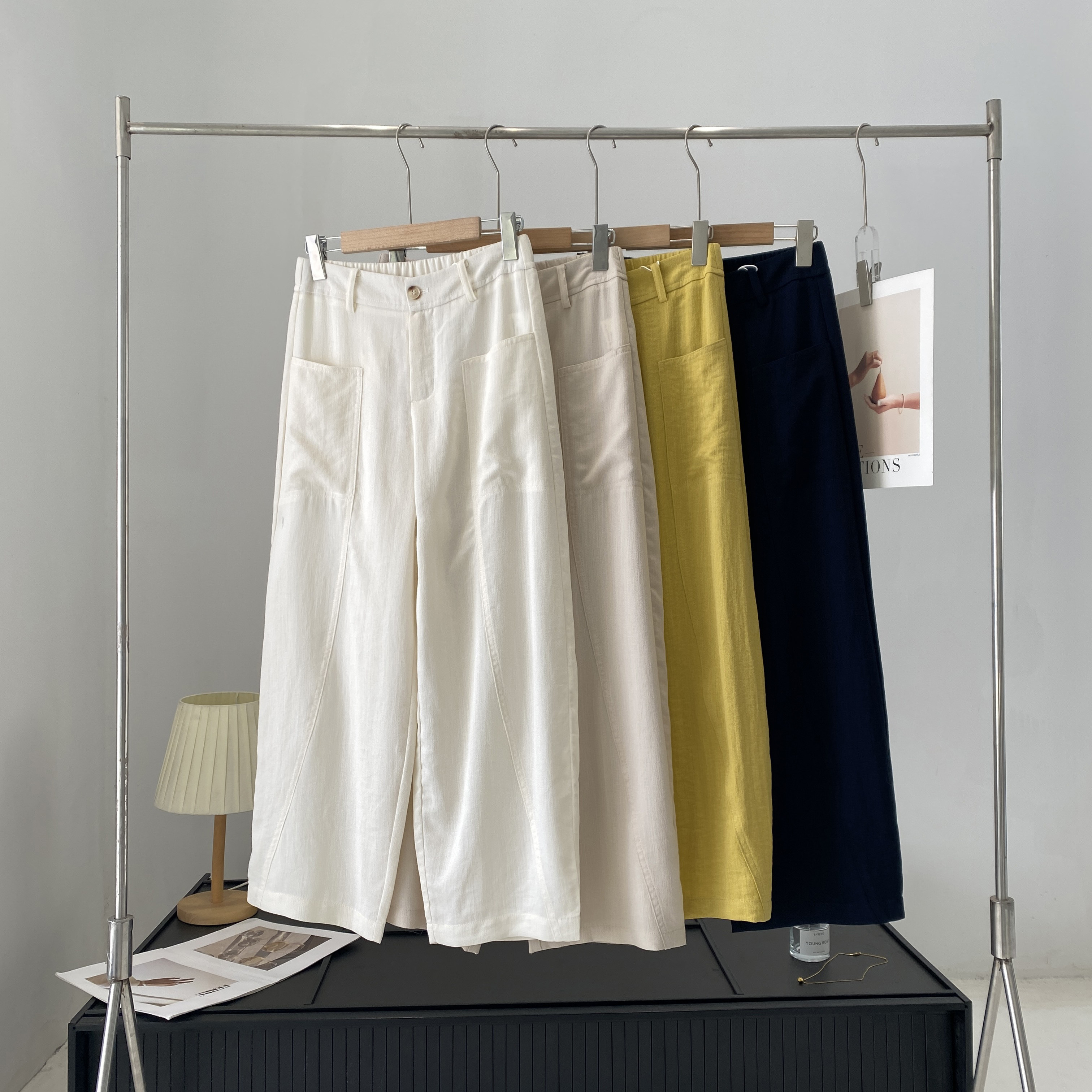 夏日天丝亚麻裤豌豆裤宽松九分休闲裤弯刀裤女款