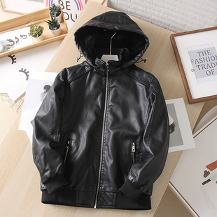 男童加绒皮衣外套2025新款冬季中大童加厚连帽外套韩版洋气PU夹克
