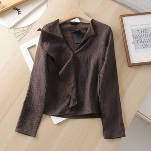 女衬衫 复古棕轻熟风飘逸荷叶边V领2025春季 法式 长袖 显瘦上衣 新款