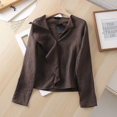 飘逸荷叶边V领长袖衬衫女上衣