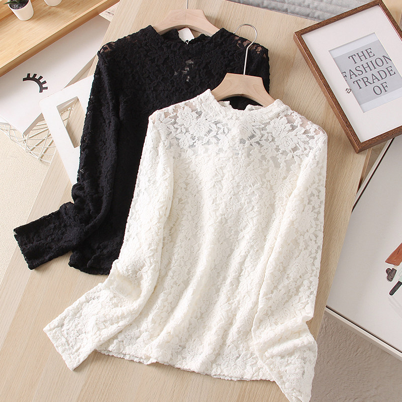 韩版简约清新春夏装2025新款女装甜美立领花边透视打底绣花蕾丝衫