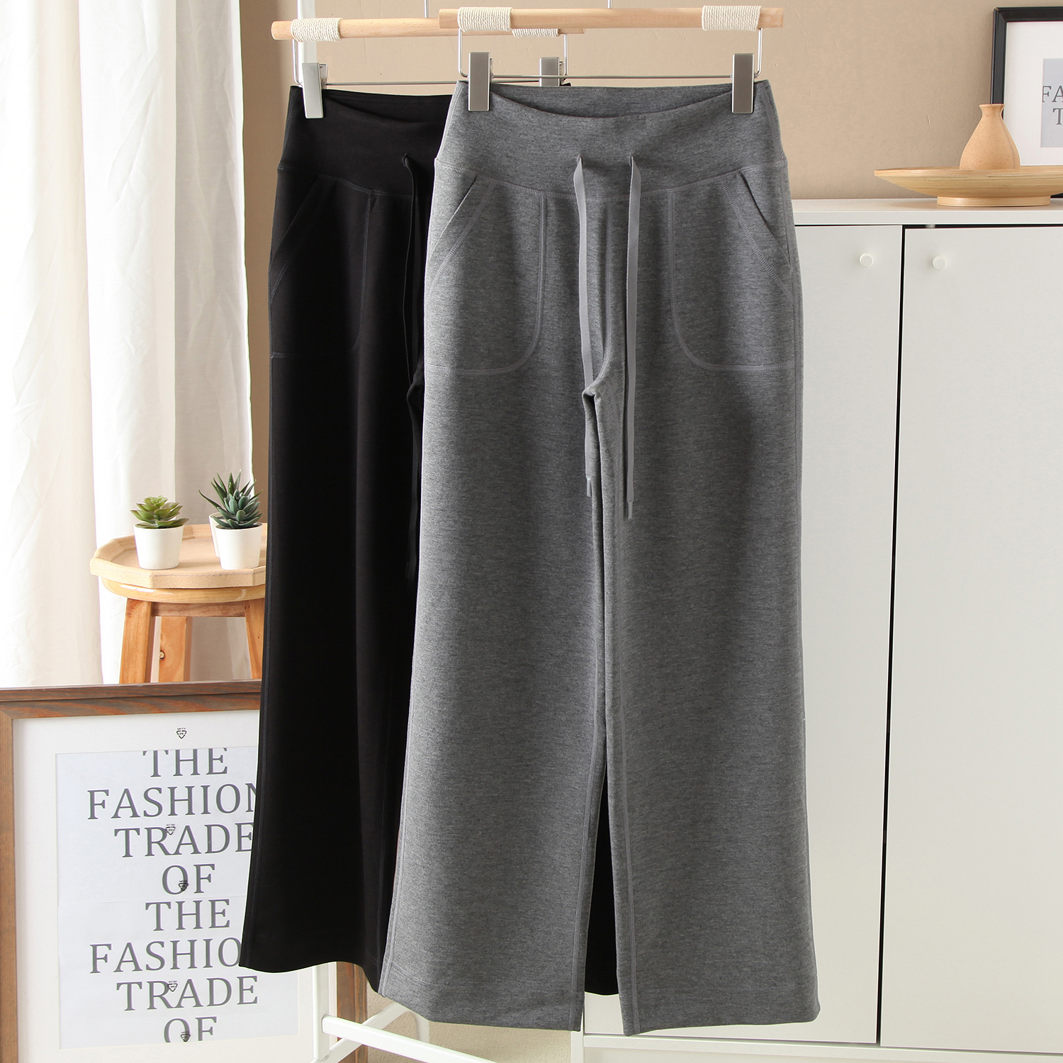 糯米阔腿瑜伽裤女高腰抽绳运动裤