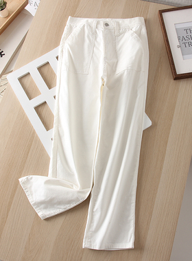 走RI本！时尚休闲高腰直筒口袋牛仔裤宽松显瘦长裤女百搭白色裤子