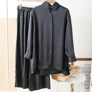 裂纹翻领气质长袖 套装 衬衫 女休闲时尚 宽松显瘦阔腿裤 2025秋款