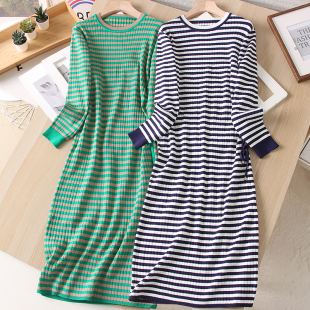 针织裙抽绳遮肉显瘦连衣裙修身 高级感条纹长袖 百搭女 小众元 法式