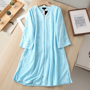 欧美单~吊牌19.99美金 拉链薄款珊瑚绒V领中长款家居服睡裙睡袍女