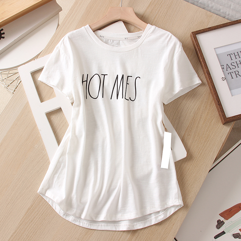 美国单~竹节棉 舒适百搭字母印花白色宽松休闲圆领 短袖T恤上衣女