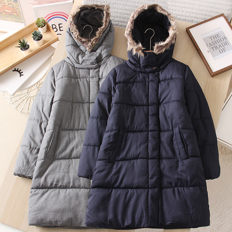 可拆卸简约保暖中长款连帽棉衣