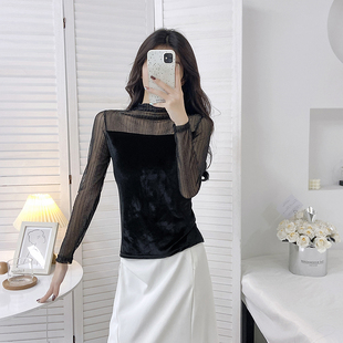 2025新款小高领网纱拼接长袖t恤打底衫女秋冬高级感内搭可外穿