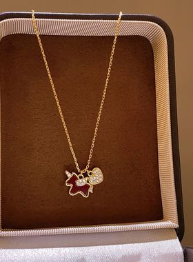 秋冬复古红色小马满钻爱心项链女高级感轻奢小众毛衣链气质配饰品