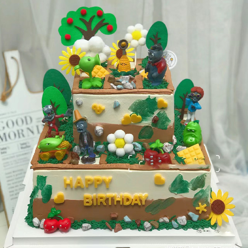 双层植物大战僵尸游戏主题男女孩周岁儿童生日蛋糕深圳同城配送