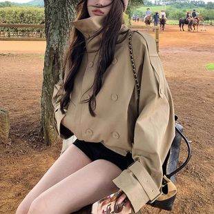 Ac*e25早秋新款双排扣美拉德色系立领短款风衣英伦风夹克女外套