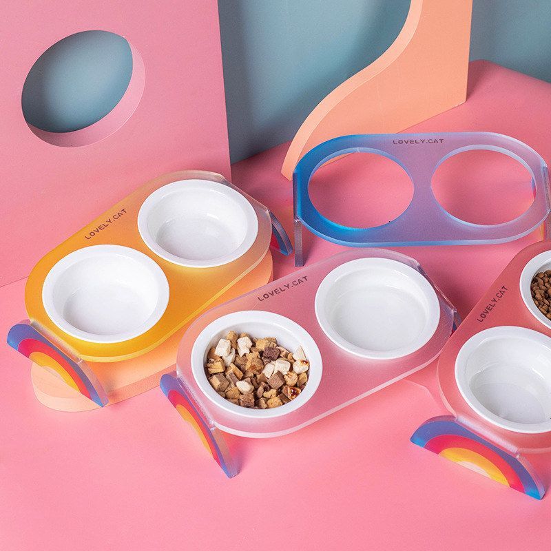 宠物碗彩虹亚克力架陶瓷碗小型