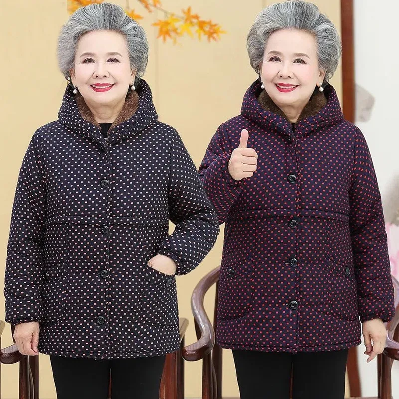 老年人棉袄女70岁80妈妈短款棉衣奶奶冬装加绒加厚连帽棉服老太太