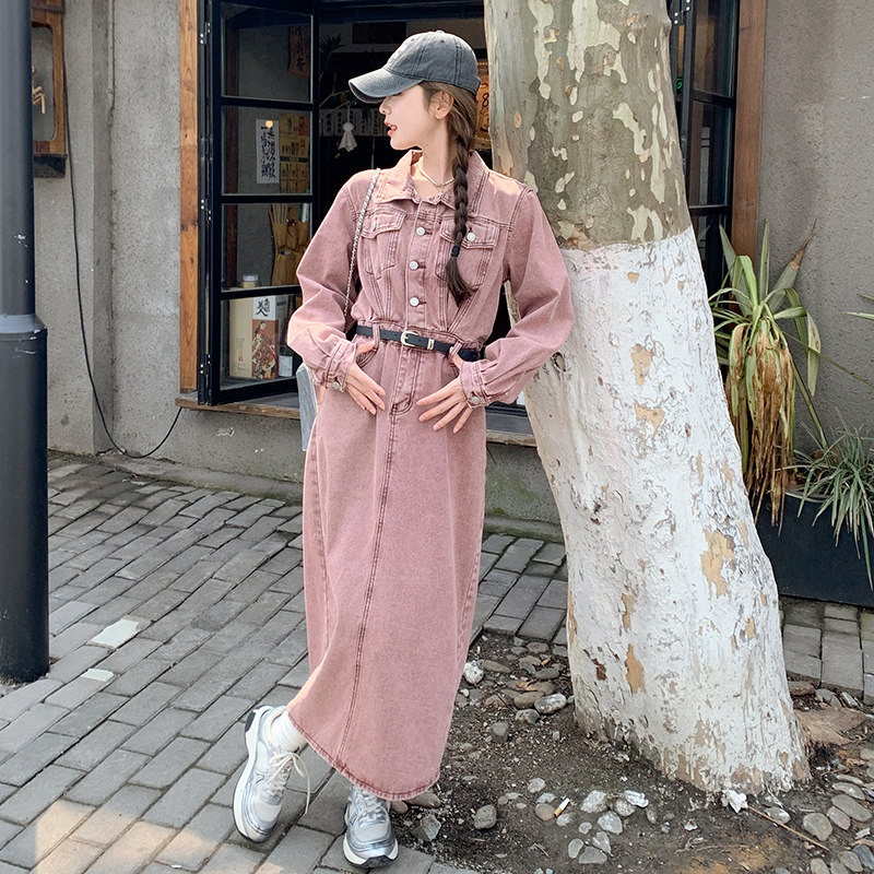 香芋紫连衣裙女2025秋新款时尚中长款气质显瘦小心机设计感牛仔裙