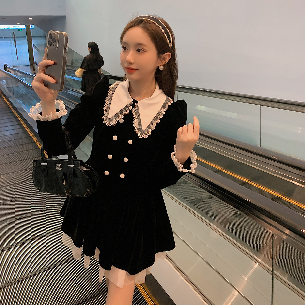 OKR女装定制 法式小香风连衣裙女秋冬长袖蕾丝花边公主蓬蓬裙短裙