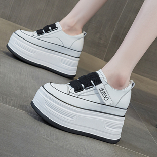 内增高女鞋12cm新款真皮魔术贴小个子增高厚底超高跟松糕小白鞋10