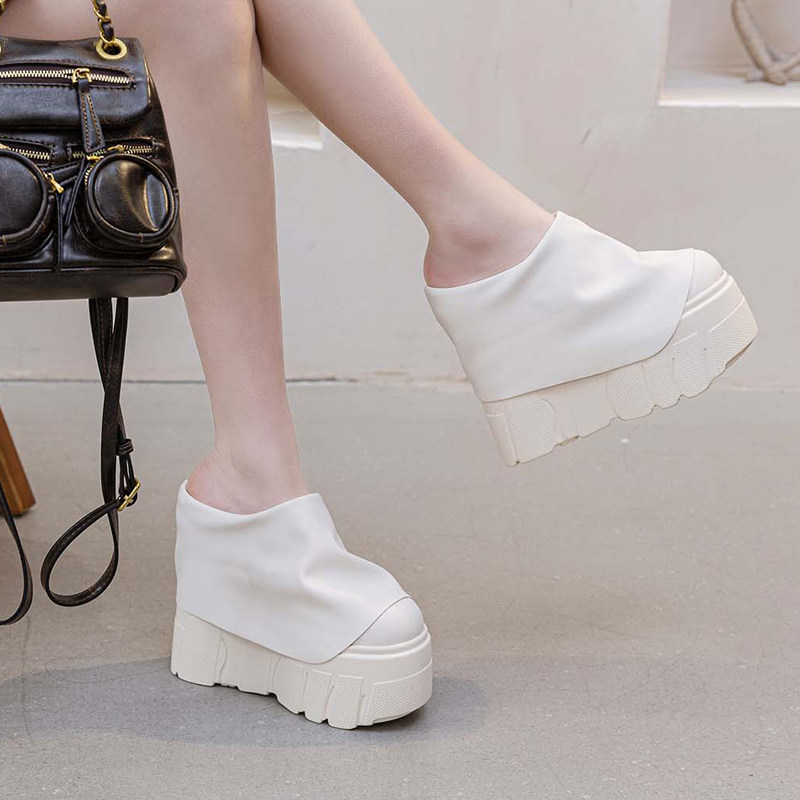 包头半拖女鞋内增高真皮鞋14cm超高跟小个子百搭一脚蹬休闲松糕鞋